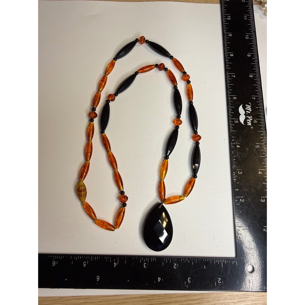 Vintage Art Deco Amber Black Faceted Resin Bead Long Teardrop Pendant Necklace
